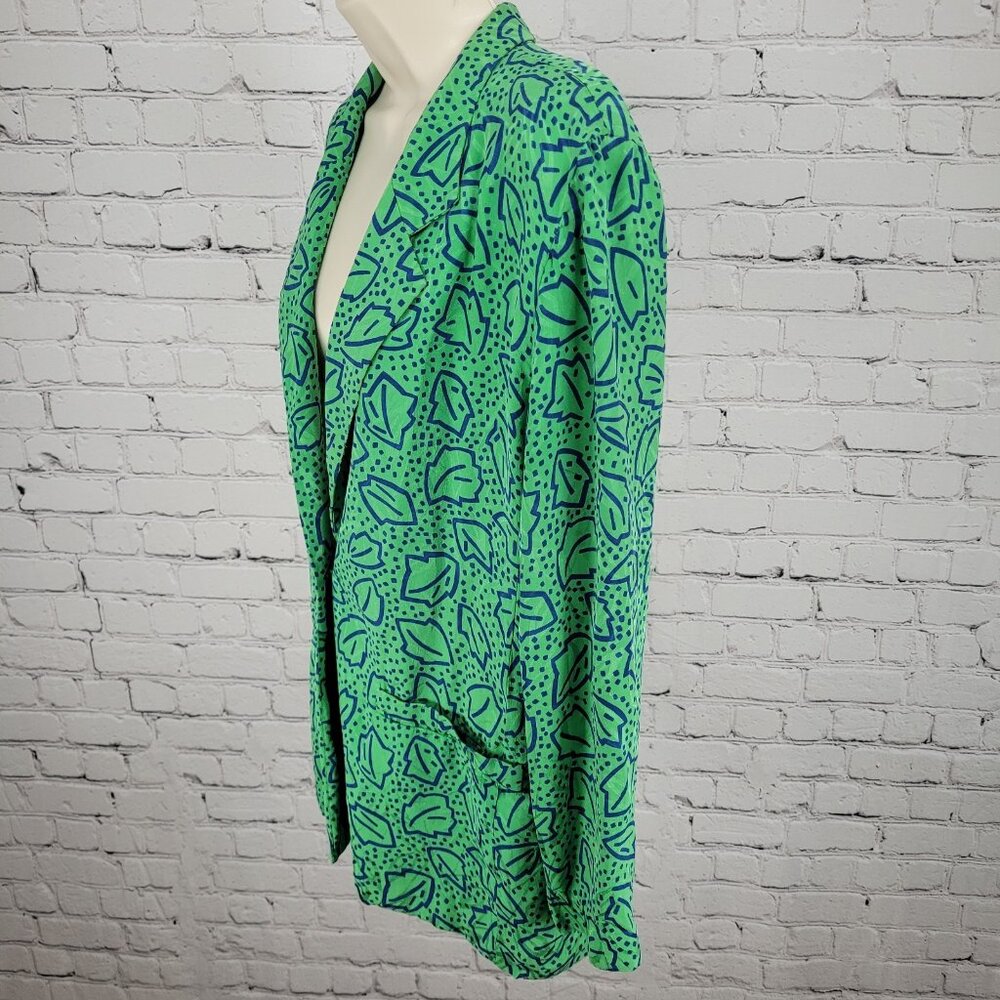 VTG Liz Claiborne Green 100% Silk Leaf Print Unlined Lightweight Jacket Size MP - Picture 12 of 13